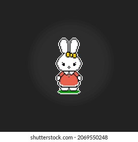 Pixel 8 bit Rabbit character standing. Animal game assets in vector illustration.