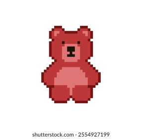 Pixel 8 bit red teddy bear sitting. Animal game assets in vector illustration.