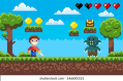 Pixel 8 bit retro game vector, character fighting against monster, health rate in form of hearts, zombie vs human, apocalypse. Trees and nature pixelated video-game