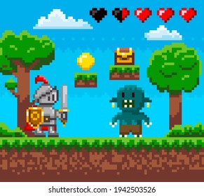 Pixel 8 bit retro game. Brave knight in iron suit fighting against monster. Zombie attacks human