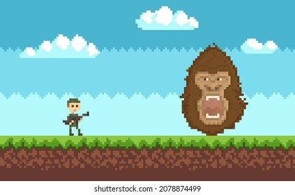 Pixel 8 bit retro game. Soldier in military uniform is fighting against monster, kong attacks human, apocalypse. Man armed with machine gun shoots giant gorilla. Monkey opens his mouth menacingly