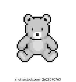 Pixel 8 bit silver teddy bear sitting. Animal game assets in vector illustration.