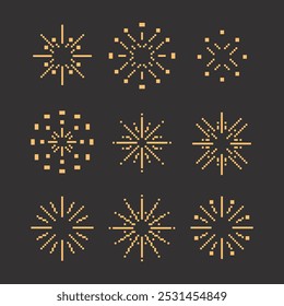 Coleção de fogos de artifício de linha plana simples de 8 bits Pixel. Mínima ilustração bonito isolado fundo. Design conceito para banner de férias, celebração, cartaz, cartão de saudação, elementos decorativos