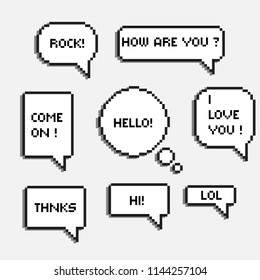 pixel 8 bit speech bubbles with words hi hello lol rock chat boxes retro  8-bit