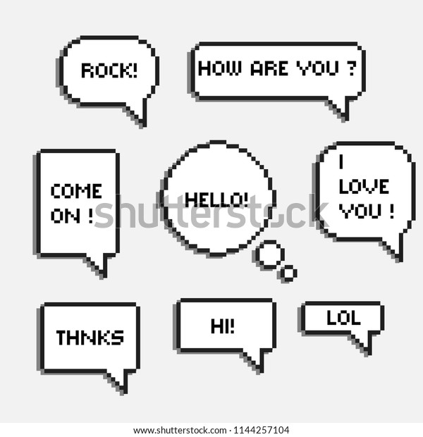 pixel 8 bit speech bubbles with words hi hello lol\
rock chat boxes retro \
8-bit