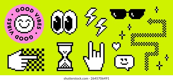 Pixel 8 bit style emoticon collection on lime green background. Round sticker with smile, hourglass, lightning flash, rock hand, wide googly eyes, cool black sunglasses, smiling speech bubble, snake