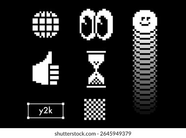Pixel 8 bit style emoticon collection on black. Wire planet icon, wide googly eyes, checkered pixelated pattern, hourglass, thumbs up, snake made of a lot of smile icon. Cool retro nostalgic elements