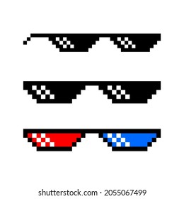 Pixel 8 bit sunglasses icon. Isolated object on white background. Emotion sign. Vector illustration.