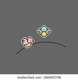 Pixel 8 bit two birds. Animal game assets in vector illustration.