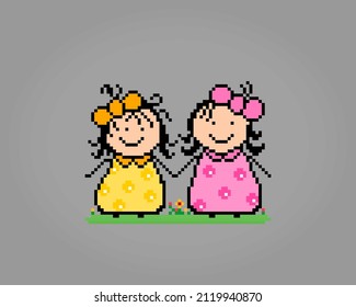 pixel 8 bit of two sisters. Children's pixels in vector illustrations.