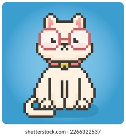 Pixel de 8 bits, gato blanco usa gafas. Animales para activos de juego en ilustración vectorial.