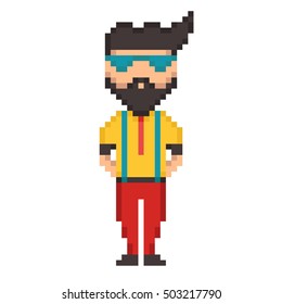 Pixel 8 bit young guy character hipster vector isolated illustration