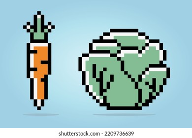 Pixel 8 bits of carrots and cabbage. Vegetables for game assets in vector illustrations.
