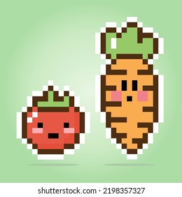 Pixel 8 bits of carrots and tomatoes. Vegetables for game assets in vector illustrations.