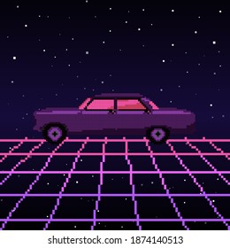 Pixel 80s Retro Wave Sci-Fi Background with Sunrise or Sunset. Pixel art 8bit