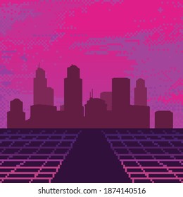 Pixel 80s Retro Wave Sci-Fi Background with Sunrise or Sunset. Pixel art 8bit