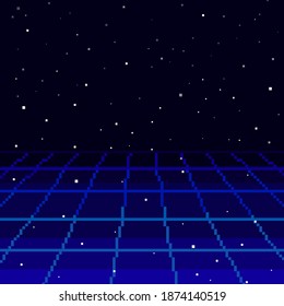 Pixel 80s Retro Wave Sci-Fi Background With Sunrise Or Sunset. Pixel Art 8bit