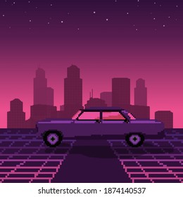 Pixel 80s Retro Wave Sci-Fi Background with Sunrise or Sunset. Pixel art 8bit