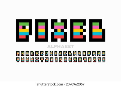 Pixel 80s style font design, alphabet letters and numbers vector illustration