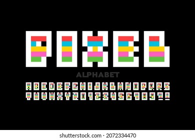 Pixel 80s style font design, alphabet letters and numbers vector illustration