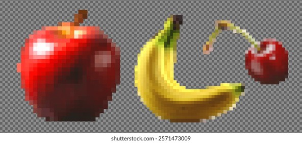 Pixel 8-bit banana, apple, and cherry icons. Trendy fruit game art with retro style. Vector design featuring taboo adult themes, trash, and stocking elements. At the transparent bg as a png