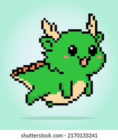 Pixel 8-bit dragon is flying. Animals in vector illustrations for game assets and logos.