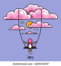 Pixel 8-bit graphics of a pink-haired girl who dreams and fantasizes on a swing under the bright sun. Beautiful delicate illustration for posters, coloring by squares, embroidery, animation.