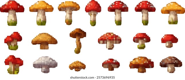 Pixel 8-bit mushroom icons set with colorful illustrations on white background. Retro game-style vector art featuring isolated magic caps and mosaic designs.