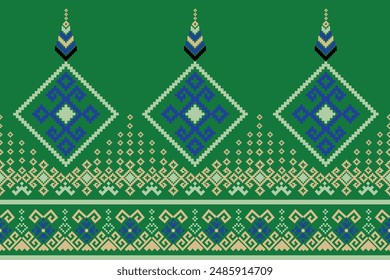 Pixel Abstract art. Damask pattern, green backgro, wallpaper embroidery. Geometric art ornament print. Design for carpet, cover wallpaper, wrapping, fabric, clothing, fashion, pillow, sarong.