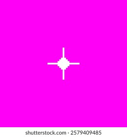 Pixel abstract star or snowflake shape, retro y2k style. Vector illustration of icon white on bright pink background, 80s -90s. For vintage gaming themes and decor. 8 bit.