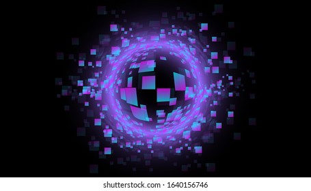 Pixel abstraction, sphere. Bright, futuristic texture and wallpaper. Abstract splash of particles. A luminous sphere made of small objects. Black background.