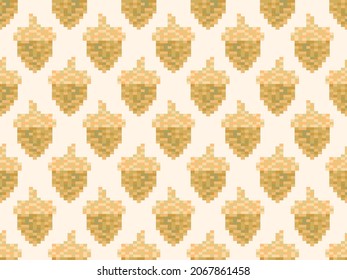 Pixel acorns seamless pattern. 8 bit icon acorn, retro graphics in the style of the 80s - 90s. Oak symbol. Design for wrapping paper, banners, and fabric prints. Vector illustration