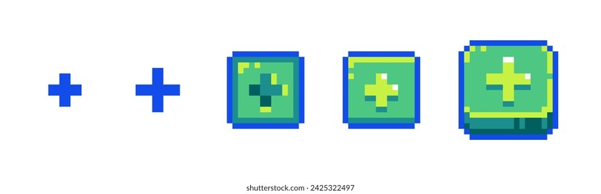 Pixel Add Icon Set for Retro Game UI. Retro 8-Bit Style Create and Upload Buttons	