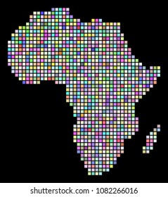 Pixel Africa Map. Vector geographic map in arbitrary colors on a black background. Vector mosaic of Africa Map designed of regular square particles.