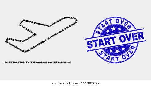 Pixel airplane takeoff mosaic pictogram and Start Over seal stamp. Blue vector rounded textured seal stamp with Start Over message. Vector collage in flat style.
