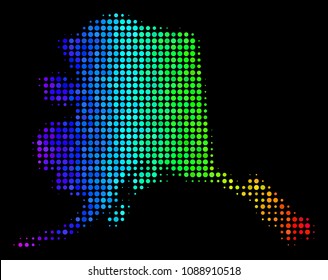 Pixel Alaska map. Halftone territory plan using spectral color tones with horizontal gradient on a black background. Vector mosaic of Alaska map constructed of circles.