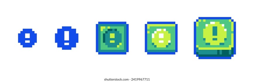 Icono de alerta de píxeles para la interfaz de usuario del juego retro. Botones de atención y advertencia de estilo retro de 8 bits