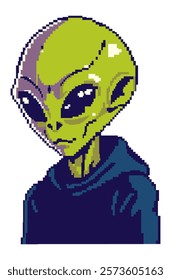 Pixel alien. Alien in blue hoodie. Pixel art. Vector isolated illistration.