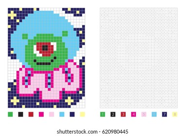 Pixel alien in the coloring page with numbered squares, vector illustration