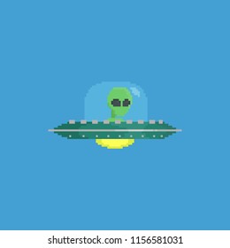 Pixel Alien In Flying Ufo.8bit.