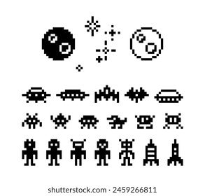 Pixel aliens. UFO, spaceships and planet with stars 8-bit pixel art space retro arcade game monsters, robots and zombies inviders silhouette icons. Vector set. Cosmic characters, universe elements