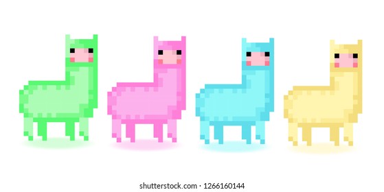 Pixel Alpaca Neon color. Icon Can be used for Game, Web, Mobile App, Infographics. Game asset.White background.