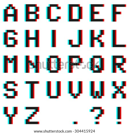 Pixel alphabet with Anaglyph 3D effect - cyan and red