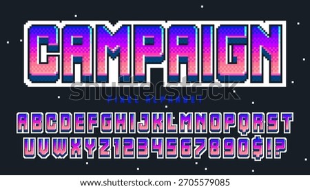 Pixel alphabet design. Retro video game style. High contrast and sharp, retro-futuristic. Easy swatch color control.