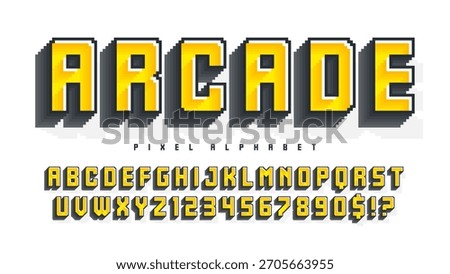 Pixel alphabet design. Retro video game style. High contrast and sharp, retro-futuristic. Easy swatch color control.