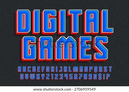 Pixel alphabet design. Retro video game style. High contrast and sharp, retro-futuristic. Easy swatch color control.