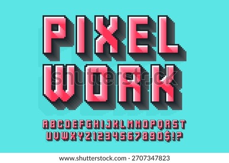 Pixel alphabet design. Retro video game style. High contrast and sharp, retro-futuristic. Easy swatch color control.