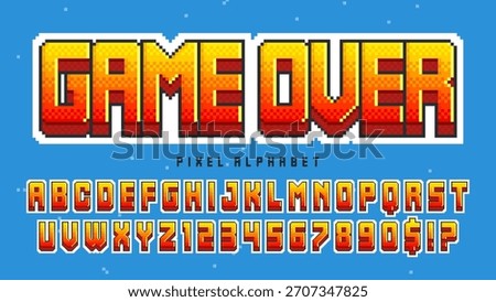 Pixel alphabet design. Retro video game style. High contrast and sharp, retro-futuristic. Easy swatch color control.