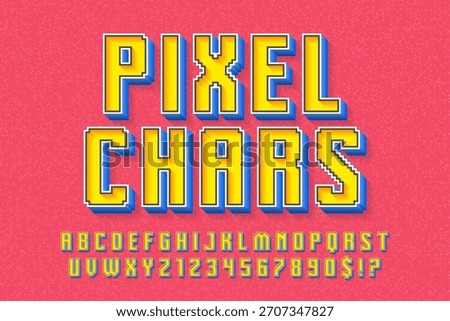 Pixel alphabet design. Retro video game style. High contrast and sharp, retro-futuristic. Easy swatch color control.