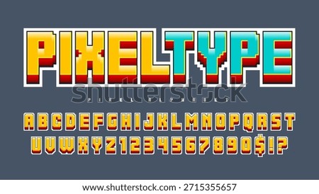 Pixel alphabet design. Retro video game style. High contrast and sharp, retro-futuristic. Easy swatch color control.